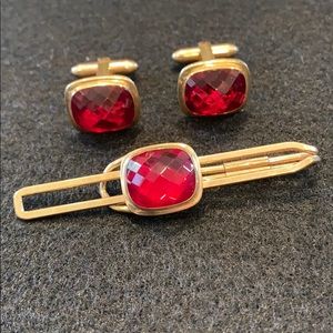 Vintage Ruby and Gold Filled Cufflinks & Clip